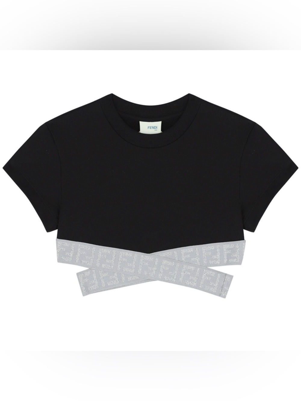 Fendi Black Cropped Tee with Silver Logo Band